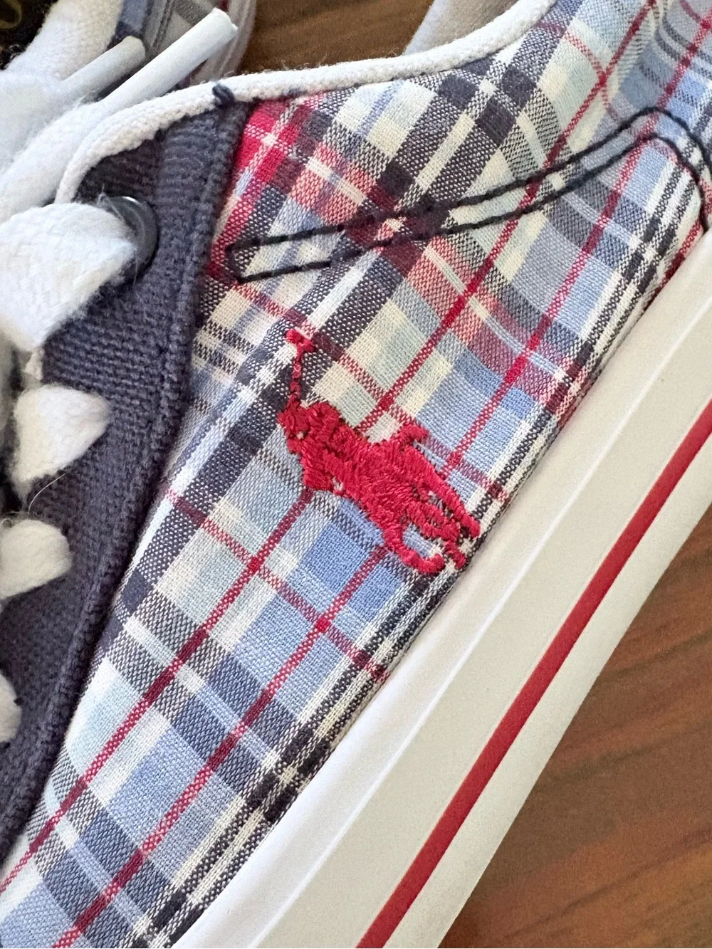 Ralph Lauren Polo Little Kids Navy & Red Plaid Canvas Logo Sneakers 13 Shoes